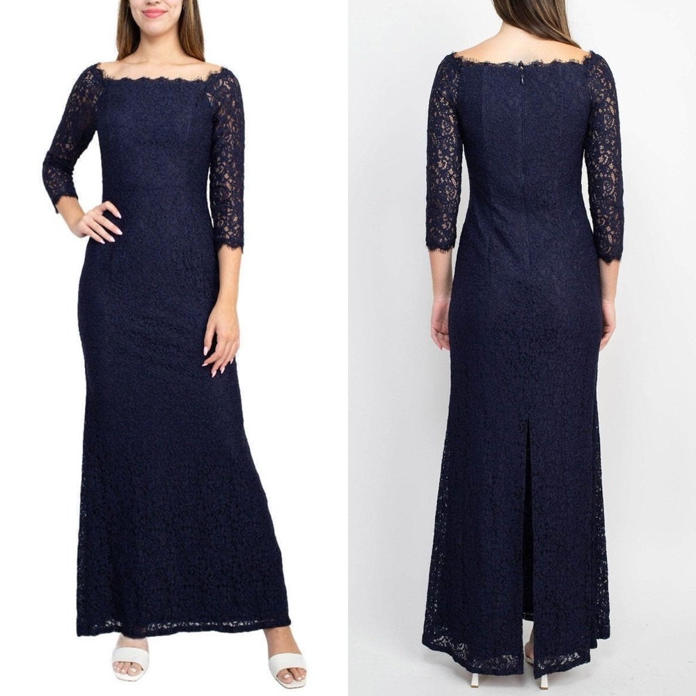 Adrianna Papell Scalloped Lace Square Neck 3/4 Sleeve Navy Blue Dress NWT Size 8